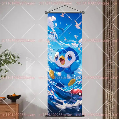 Vibrant blue and white piplup banner with water splashes and birds for pokemon pikachu eevee charizard scroll wall decor