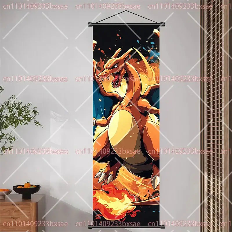 Pokemon pikachu eevee charizard scroll painting wall decor featuring vibrant orange and yellow charizard flames