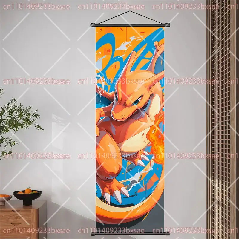 Vibrant orange and blue charizard scroll painting with dynamic flames pokemon pikachu eevee wall decor