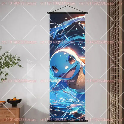 A vibrant blue and brown squirtle scroll painting with dynamic water splashes for pokemon pikachu eevee charizard wall decor