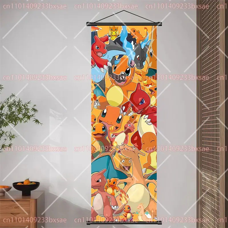 Vibrant pokemon pikachu eevee charizard scroll painting featuring fire-type pokemon on orange yellow gradient wall decor