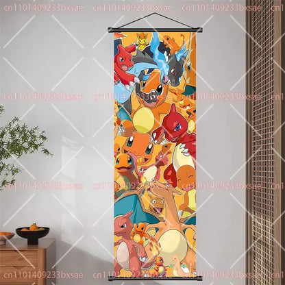 Vibrant pokemon pikachu eevee charizard scroll painting featuring fire-type pokemon on orange yellow gradient wall decor