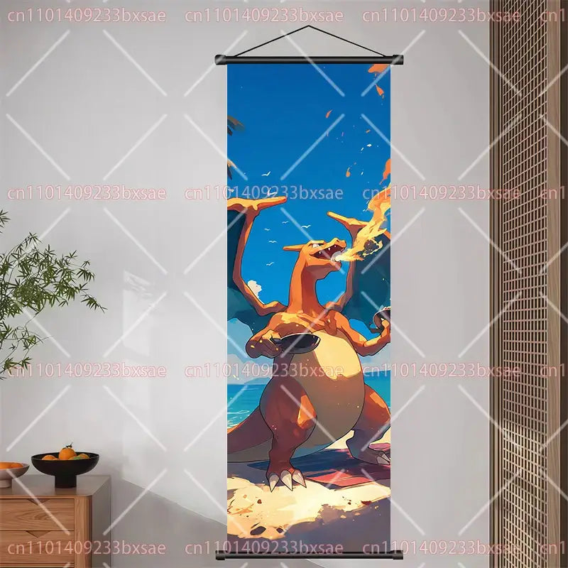 Vibrant orange and yellow charizard scroll painting wall decor featuring dynamic fabric artwork for pokemon pikachu eevee fans