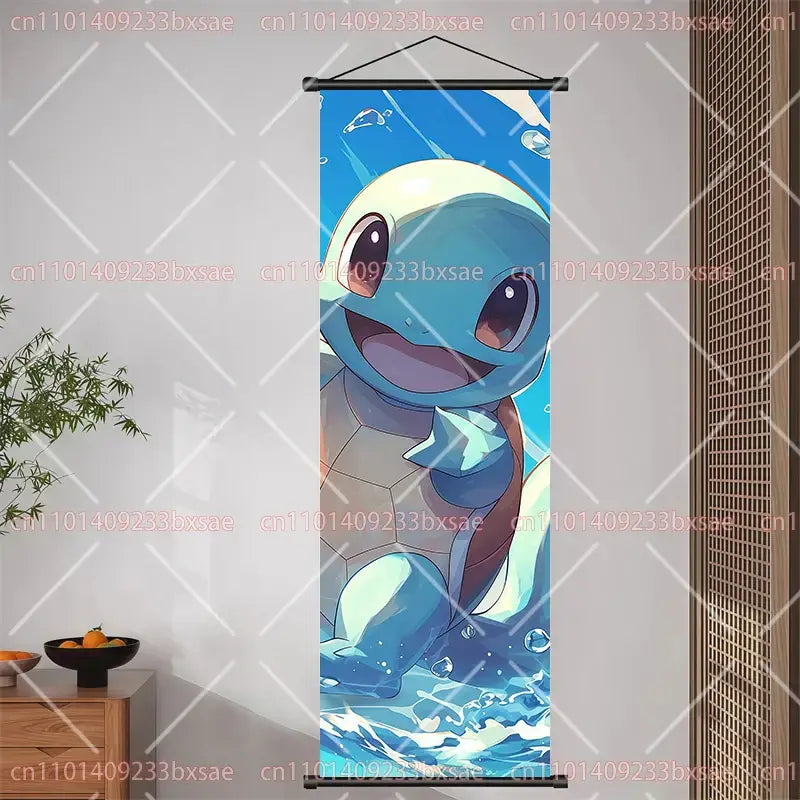 Pokemon pikachu eevee charizard scroll painting wall decor with vibrant blue and white smiling squirtle and water splashes