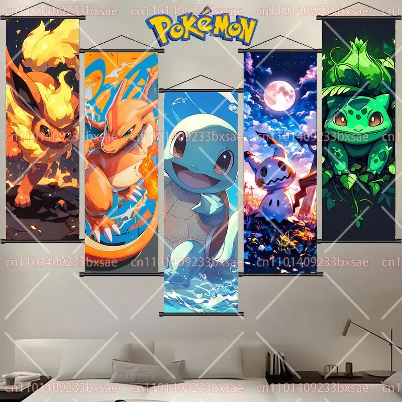 Five vertical pokemon pikachu eevee charizard scroll wall art panels with vibrant charizard squirtle and bulbasaur designs