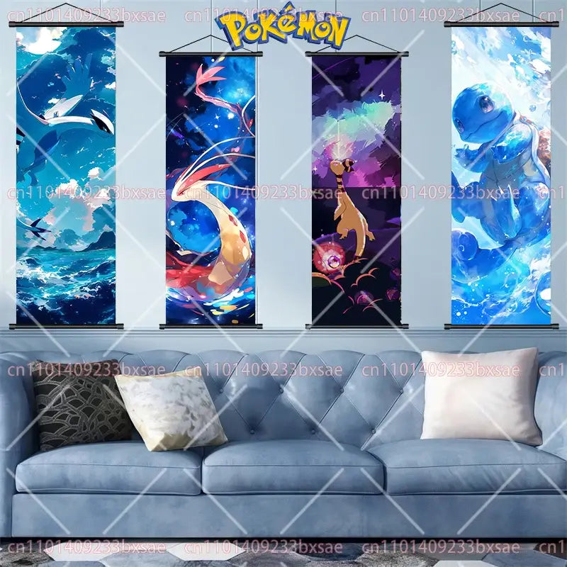 Four vertical pokemon pikachu eevee charizard scroll paintings with vibrant blue and purple wall decor backgrounds