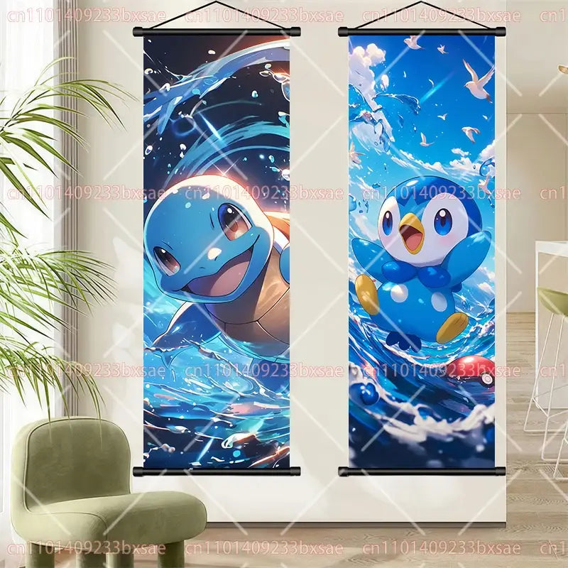 Two vertical pokemon pikachu eevee charizard scroll paintings featuring squirtle and piplup with blue water splash designs