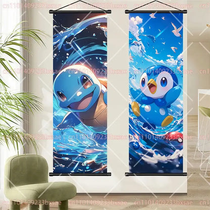 Two vertical pokemon pikachu eevee charizard scroll paintings featuring squirtle and piplup with blue water splash designs