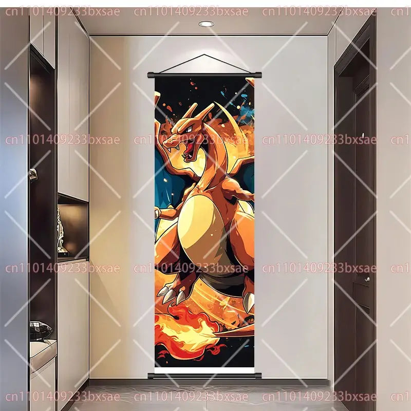 Pokemon pikachu eevee charizard scroll painting featuring vibrant orange and yellow charizard-themed wall decor with dynamic flames