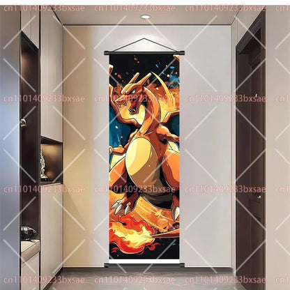 Pokemon pikachu eevee charizard scroll painting featuring vibrant orange and yellow charizard-themed wall decor with dynamic flames