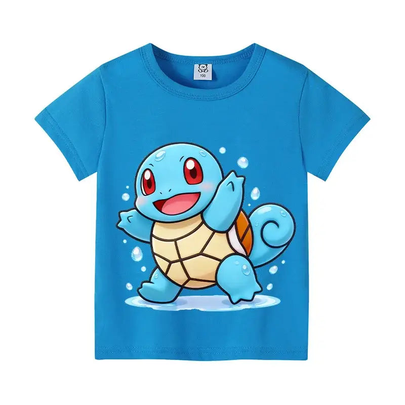 Bright blue cotton pokemon pikachu and eevee t-shirt featuring cheerful cartoon squirtle with red eyes and water droplets