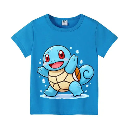 Bright blue cotton pokemon pikachu and eevee t-shirt featuring cheerful cartoon squirtle with red eyes and water droplets
