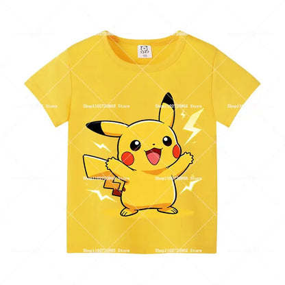 Bright yellow cotton short-sleeved t-shirt featuring cheerful Pikachu graphic with red cheeks and lightning bolts for kids and adults