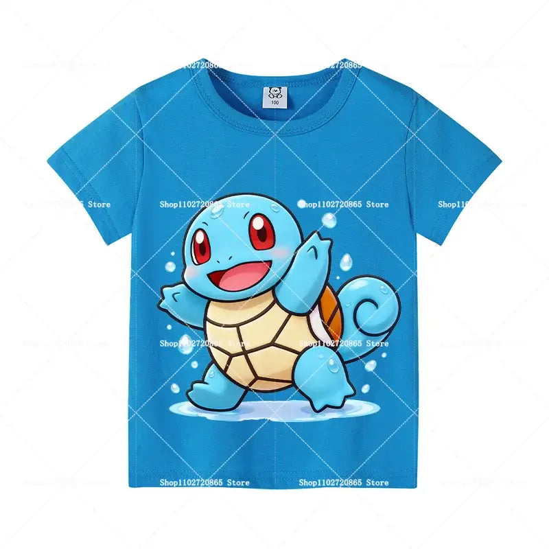 Blue cotton short-sleeved t-shirt featuring a vibrant cartoon squirtle with red eyes for kids and adults Pokemon fans
