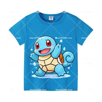 Blue cotton short-sleeved t-shirt featuring a vibrant cartoon squirtle with red eyes for kids and adults Pokemon fans