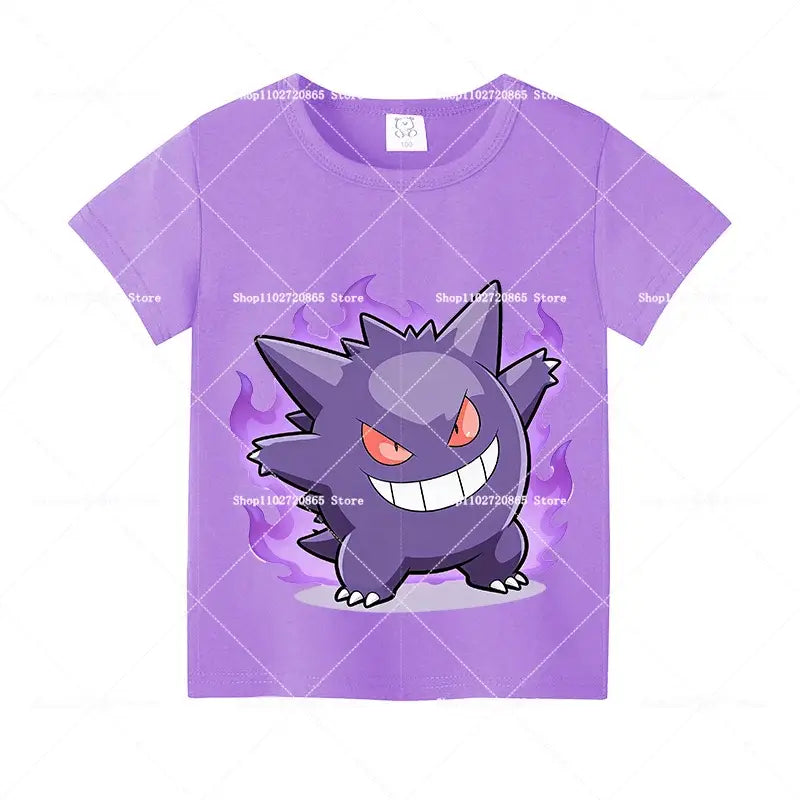Purple cotton pokemon pikachu and eevee t-shirt featuring a cartoon gengar with red eyes and purple flames