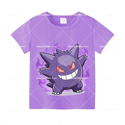 Purple cotton pokemon pikachu and eevee t-shirt featuring a cartoon gengar with red eyes and purple flames