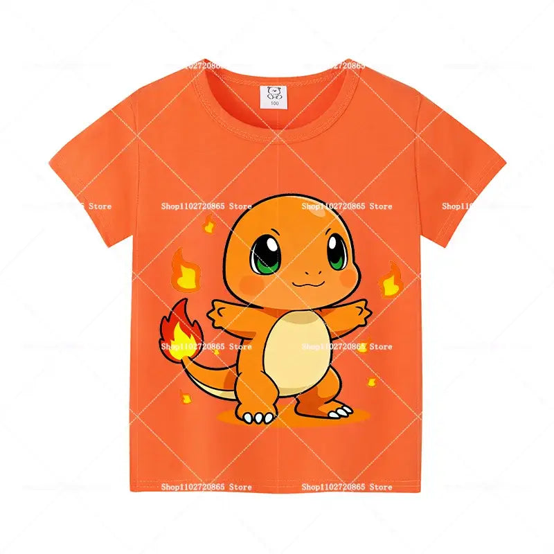 Orange cotton short-sleeved t-shirt featuring a cartoon Charmander with green eyes and flame details for kids and adults