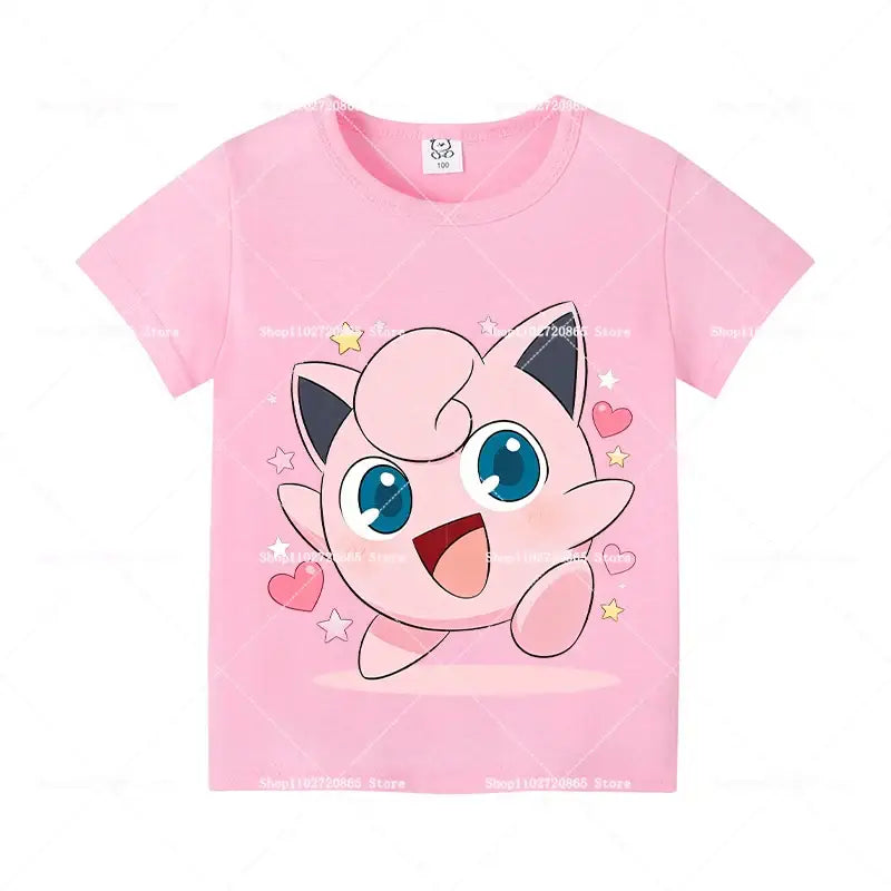 Pink cotton short-sleeved kids and adults t-shirt featuring cheerful jigglypuff with blue eyes and stars hearts design