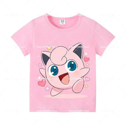 Pink cotton short-sleeved kids and adults t-shirt featuring cheerful jigglypuff with blue eyes and stars hearts design