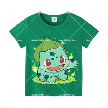 Green cotton short-sleeved t-shirt featuring a printed bulbasaur design from the Pokemon Pikachu and Eevee collection for kids and adults