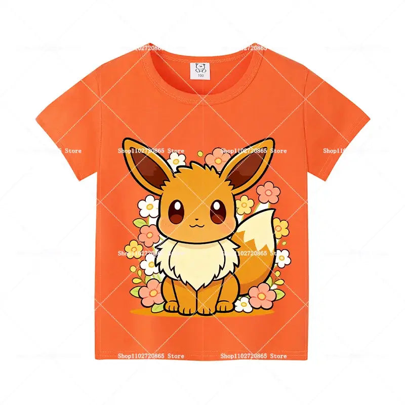 Orange cotton short-sleeved t-shirt featuring a cute cartoon-style eevee with flowers for kids and adults