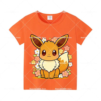 Orange cotton short-sleeved t-shirt featuring a cute cartoon-style eevee with flowers for kids and adults