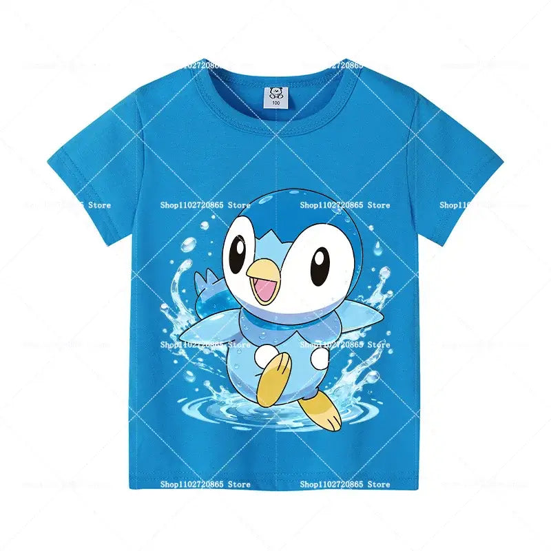 Blue cotton short-sleeved t-shirt featuring cartoon piplup with water splashes for kids and adults pokemon fans