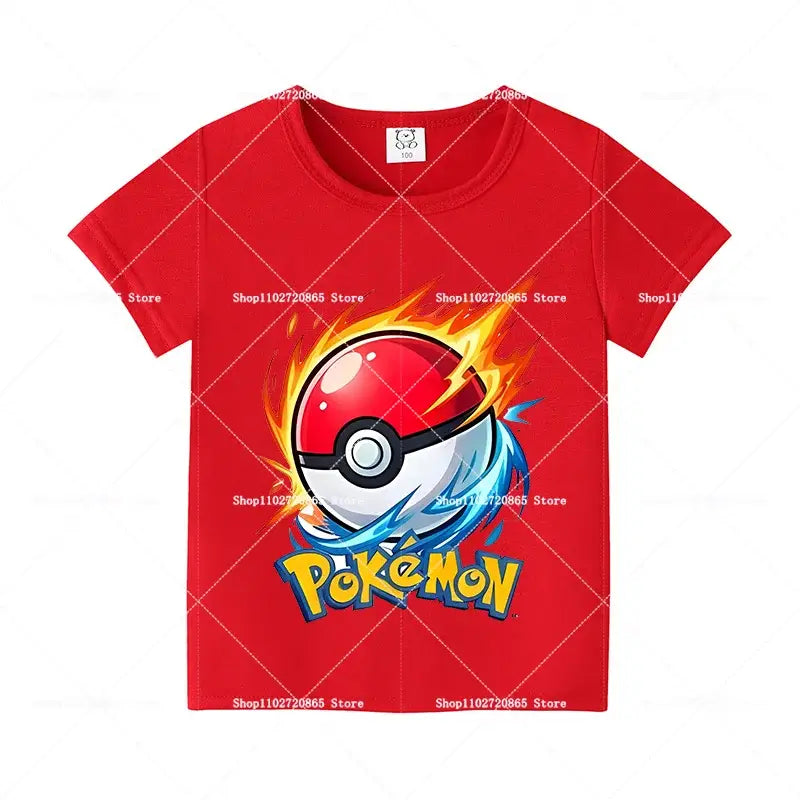 Red cotton pokemon pikachu and eevee t-shirt with flaming and water poké ball graphic and pokémon logo for kids and adults
