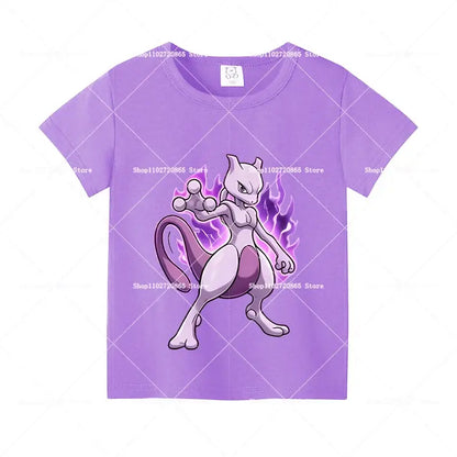 Purple cotton short-sleeved pokemon t-shirt featuring mewtwo with purple and white flames for kids and adults