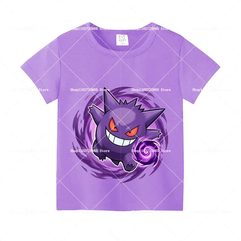 Purple cotton short-sleeved t-shirt for kids and adults featuring gengar graphic with glowing red eyes and swirling energy