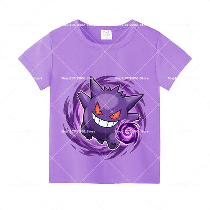 Purple cotton short-sleeved t-shirt for kids and adults featuring gengar graphic with glowing red eyes and swirling energy