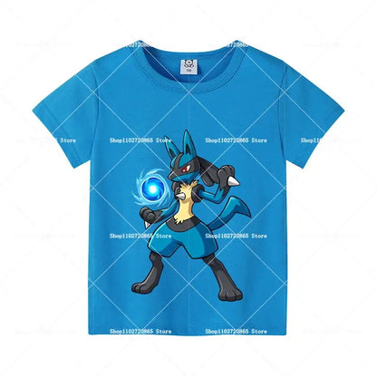 Blue cotton short-sleeved Pokémon Pikachu and Eevee t-shirt for kids and adults featuring Lucario with glowing orb graphic