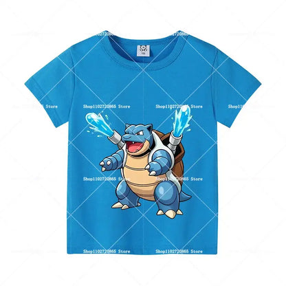 Bright blue cotton kids and adults t-shirt featuring a cartoon blastoise firing water jets from its arms