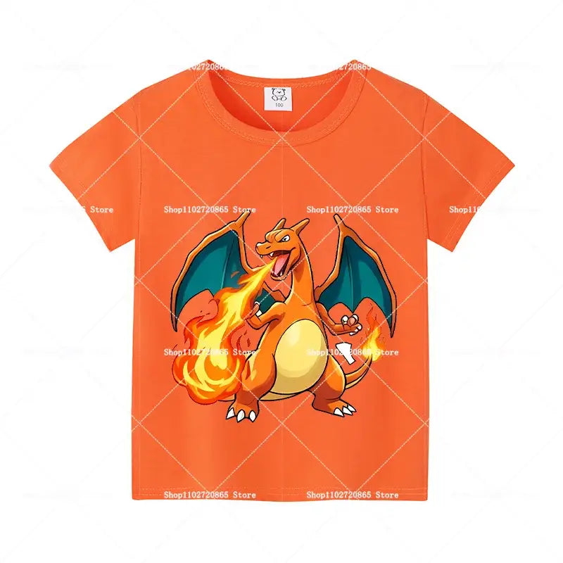 Orange short-sleeved cotton t-shirt with vibrant 3d-printed charizard graphic for kids and adults pokemon pikachu and eevee