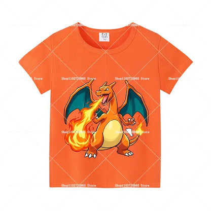 Orange short-sleeved cotton t-shirt with vibrant 3d-printed charizard graphic for kids and adults pokemon pikachu and eevee