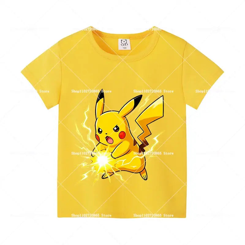 Bright yellow cotton pokemon pikachu and eevee t-shirt with pikachu mid-punch graphic and electric sparks for kids and adults
