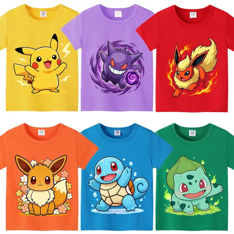 Six colorful cotton pokemon pikachu and eevee t-shirts for kids and adults featuring gengar flareon eevee squirtle and bulbasaur