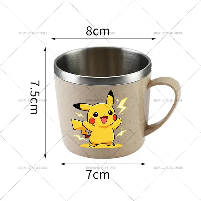 Beige speckled stainless steel Pokémon Pikachu mug with vibrant yellow Pikachu and lightning bolts, anti-scalding design