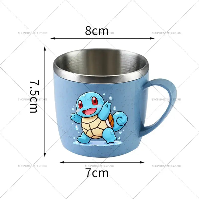 Light blue ceramic Pokémon mug with stainless steel rim and handle featuring Squirtle cartoon illustration for anti-scalding use
