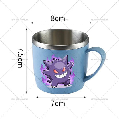 Light blue ceramic mug with stainless steel rim handle featuring purple gengar Pokémon design for anti-scalding use