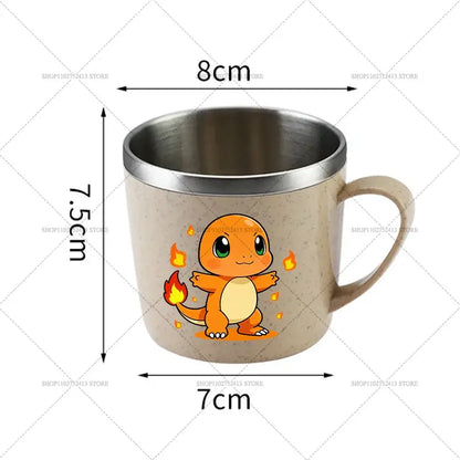 Beige speckled stainless steel mug with silver rim featuring colorful charmander cartoon design for anti-scalding use