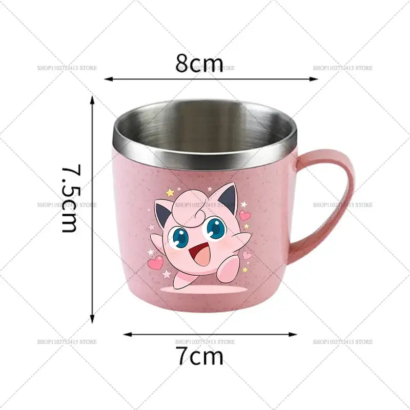 Pink ceramic mug with stainless steel rim and handle featuring jigglypuff cartoon, part of pokemon stainless steel anti-scalding mug collection