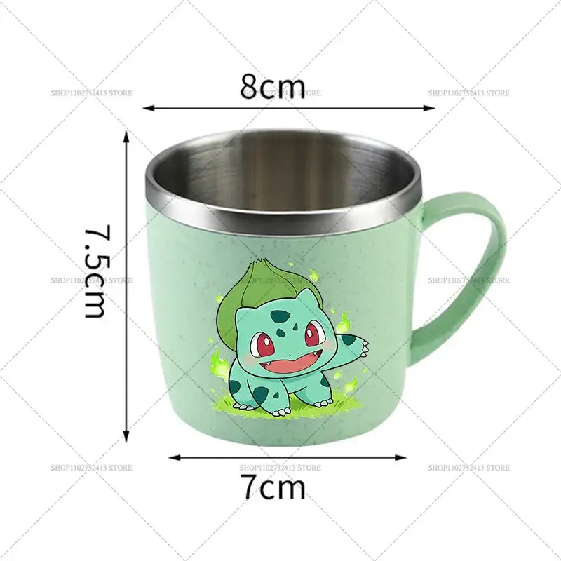 A mint green stainless steel Pokémon mug featuring a bulbasaur illustration with anti-scalding design