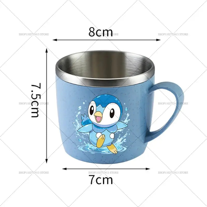 Blue ceramic stainless steel mug with piplup cartoon splash design and stainless steel rim and handle, anti scalding