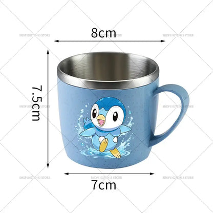 Blue ceramic stainless steel mug with piplup cartoon splash design and stainless steel rim and handle, anti scalding