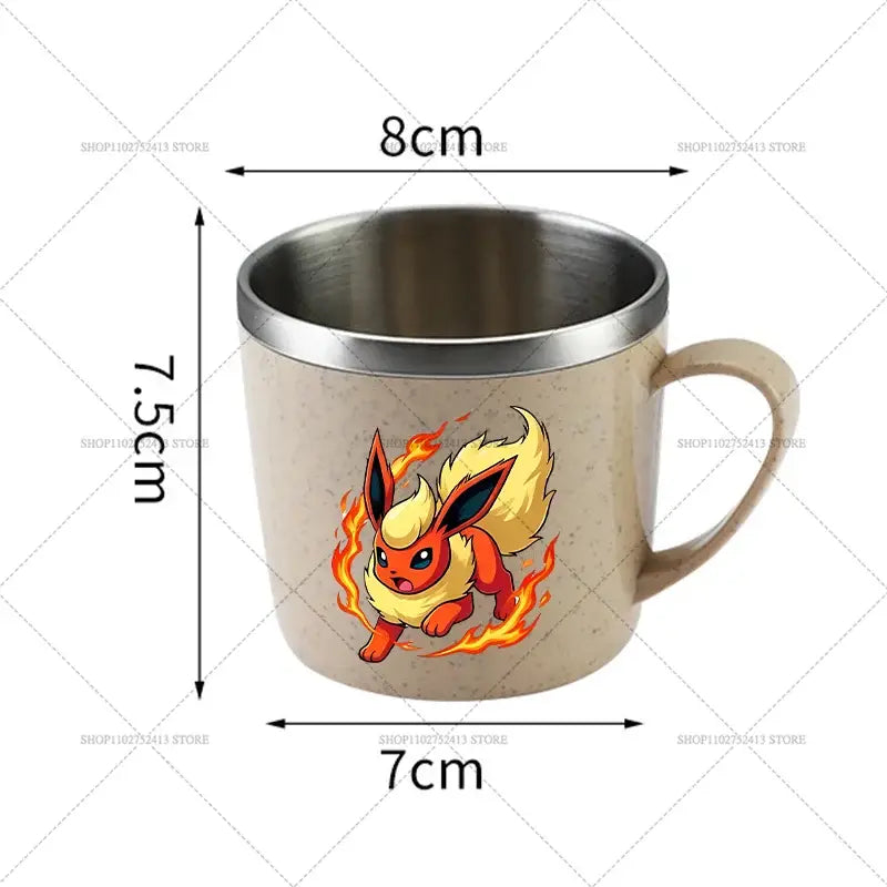 Beige stainless steel mug featuring a vibrant flareon illustration surrounded by flames for anti-scalding use