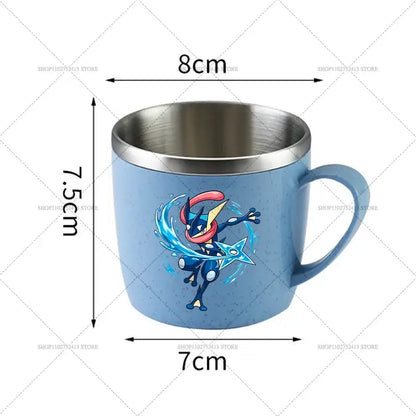 Light blue ceramic Pokémon mug with stainless steel rim and handle featuring vibrant greninja illustration