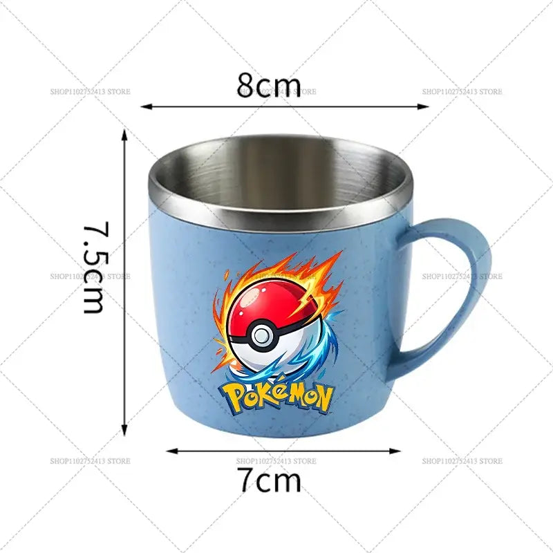 Light blue stainless steel mug with poké ball graphic, fiery flames, icy swirls, and anti-scalding design