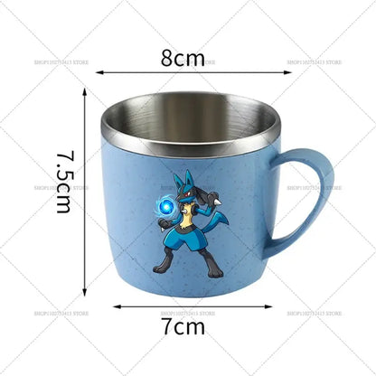 Light blue stainless steel mug with anti-scalding rim and handle featuring lucario illustration from Pokémon